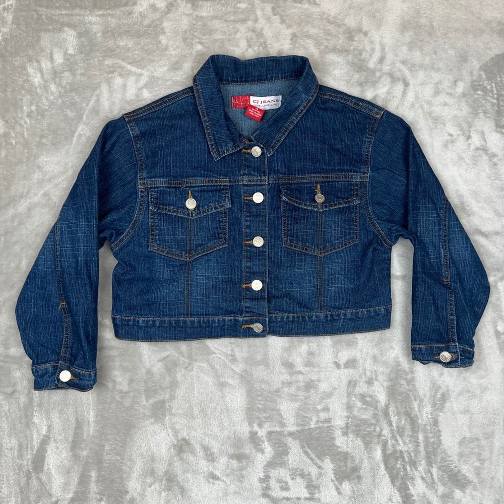 CJ Jeans Cropped Denim Jacket Size 13 Button Front Dark Wash Jean Coat